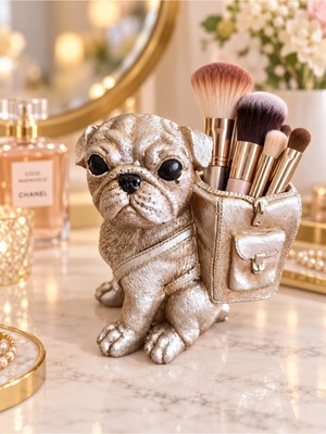 Forevv Dekoratif Köpek Figürlü Kalemlik Makyaj Fırçalık Saksı Organizer – Polyester 12X15 cm