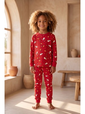 Katia & Bony Çocuk Dear Santa Geyik Desenli Yılbaşı Pijama Takımı Kırmızı