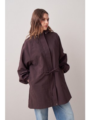 Allday  Koyu Mürdüm Beli Büzgü Detaylı Trençkot