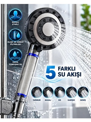 Veraura Lifestyle Klor ve Kireç Filtreli Duş Başlığı 5 Farklı Su Akışı Masaj Etkili Filtreli Duş Başlığı