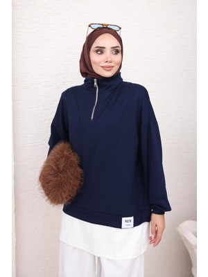 İmaj Butik Lacivert Yaka Fermuarlı Modal Sweat Tunik