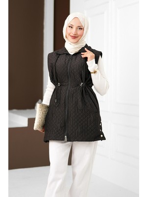 İmaj Butik Siyah Bel Lastikli Cepli Kapitone Yelek