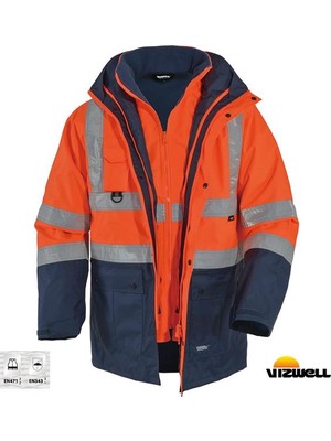 Vizwell Vwjk-44 Hi-Vis 5+1 Reflektörlü Yüksek Görünürlüklü 300D Oxford Pu %100 Polyester 5'i Bir Arada Gizli Kapüşonlu Parka Kaban Turuncu Lacivert