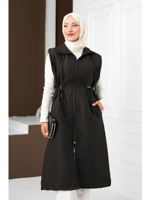 İmaj Butik Siyah Bel Lastikli Fermuarlı Uzun Kapitone Yelek