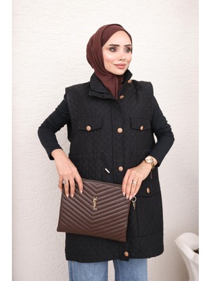 İmaj Butik Siyah Bel Lastikli Düğmeli Kapitone Yelek
