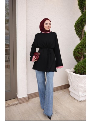 İmaj Butik Siyah Yaka ve Kol Manşetli Ekose Garnili Modal Tunik
