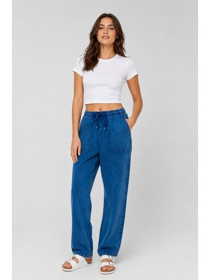 Dechers Yüksek Bel Beli Lastikli Keten Pantolon