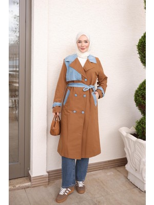 İmaj Butik Taba Kruvaze Yaka Astarlı Bel Bağlamalı Trençkot