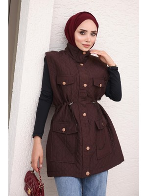İmaj Butik Kahverengi Bel Lastikli Düğmeli Kapitone Yelek