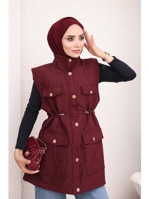 İmaj Butik Bordo Bel Lastikli Düğmeli Kapitone Yelek