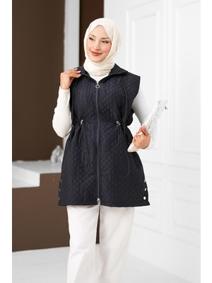 İmaj Butik Lacivert Bel Lastikli Cepli Kapitone Yelek