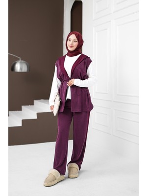 İmaj Butik Mürdüm Tunik Yelek Pantolonlu 3'lü Kombin Takım