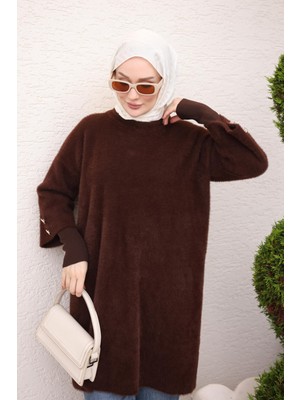 İmaj Butik Kahverengi Çift Kol Angora Yumoş Triko Tunik
