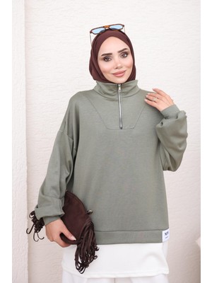 İmaj Butik Haki Yaka Fermuarlı Modal Sweat Tunik