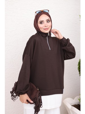 İmaj Butik Kahverengi Yaka Fermuarlı Modal Sweat Tunik