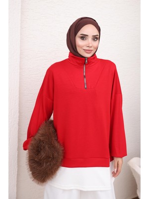 İmaj Butik Kırmızı Yaka Fermuarlı Modal Sweat Tunik