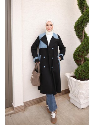 İmaj Butik Siyah Kruvaze Yaka Astarlı Bel Bağlamalı Trençkot