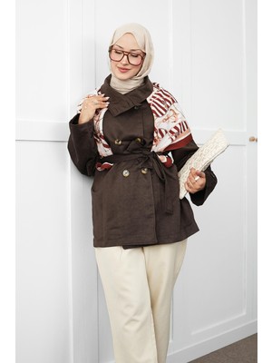 İmaj Butik Kahverengi Kemerli Dik Yaka Kısa Trençkot