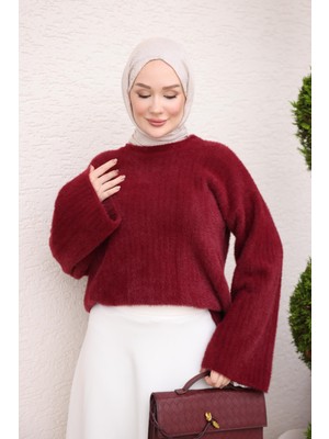 İmaj Butik Bordo Geniş Kol Angora Yumoş Triko Kazak
