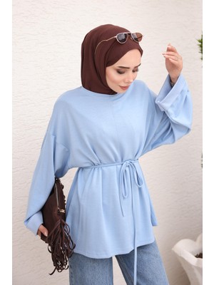 İmaj Butik Mavi Yanları Yırtmaçlı Bel Ipli Tunik