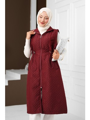 İmaj Butik Bordo Bel Lastikli Fermuarlı Uzun Kapitone Yelek