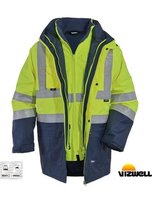 Vizwell Vwjk-44 Hi-Vis 5+1 Reflektörlü Yüksek Görünürlüklü 300D Oxford Pu %100 Polyester 5'i Bir Arada Gizli Kapüşonlu Parka Kaban Sarı Lacivert