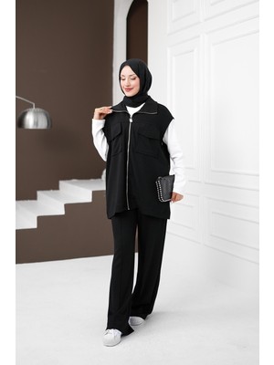 İmaj Butik Siyah Ekru Fermuarlı Yelek Pantolonlu Modal Takım