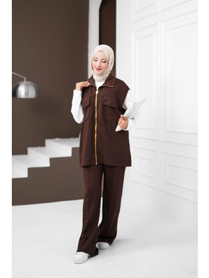 İmaj Butik Kahverengi Ekru Fermuarlı Yelek Pantolonlu Modal Takım