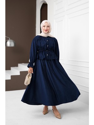 İmaj Butik Lacivert Düğmeli Bel Büzgülü Gömlek Etekli Kadife Takım
