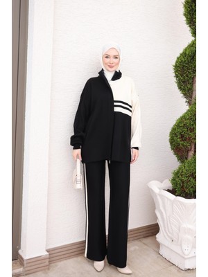 İmaj Butik Siyah Çizgili Tunik Pantolonlu Triko Takım