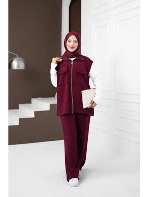 İmaj Butik Bordo Ekru Fermuarlı Yelek Pantolonlu Modal Takım