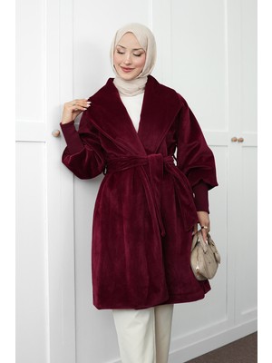 İmaj Butik Bordo Kruvaze Yaka Bel Kuşaklı Cepli Angora Kaban