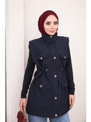 İmaj Butik Lacivert Bel Lastikli Düğmeli Kapitone Yelek