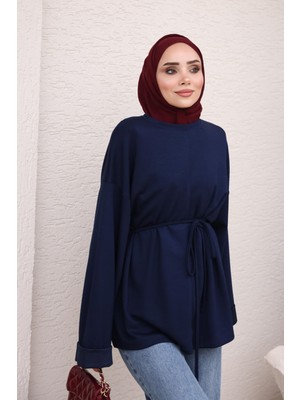 İmaj Butik Lacivert Yanları Yırtmaçlı Bel Ipli Tunik