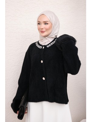 İmaj Butik Siyah Kol Kürklü Yaka Taşlı Angora Triko Ceket Hırka