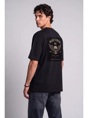 Black Nova Oversize Baskılı Unisex Tişört Night Riders Black Siyah