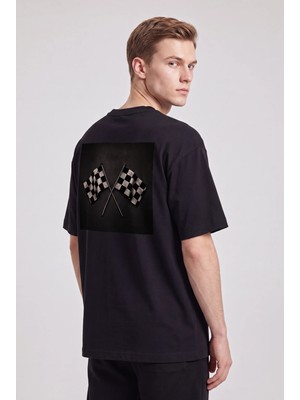 Black Nova Oversize Baskılı Unisex Tişört Race Flags Black Siyah