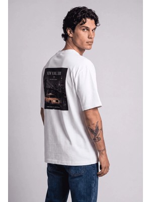 Black Nova Oversize Baskılı Unisex Tişört New York Taxi Beyaz