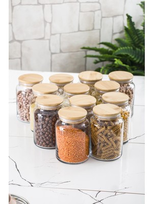 12 Lü Set Bambu Kapaklı Cam Kavanoz & Erzak Saklama Kabı 800 ml Orta  Boy ( Vakum Kapak )