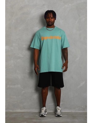 Erkek Baskılı Tişört Kısa Kol Bisiklet Yaka Oversize T-Shirt - Mint Yeşili