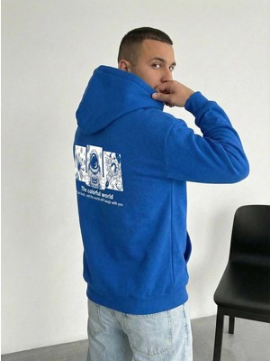 Erkek Baskılı Kapüşonlu Cepli Hoodie 3 Iplik Pamuklu Sweatshirt - Saks Mavisi
