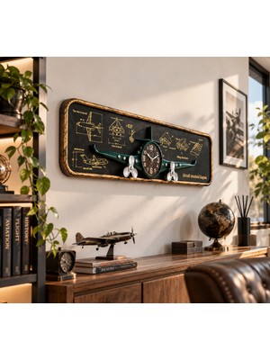 Newdaki Nostaljik Uçak Temalı Yeşil Pano Saat - 77 cm
