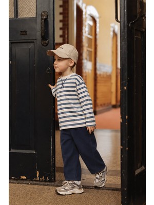 Cigit Oversize Mevsimlik Geniş Kesim Pantolon Takım 2-7 Yaş Lacivert Çizgili