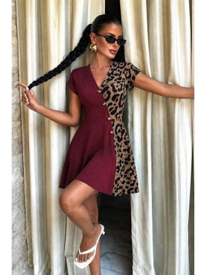 Ayessa Kadın Kısa Kollu V Yakalı Bir Yanı Leopar Detaylı Kısa Viskon Elbise