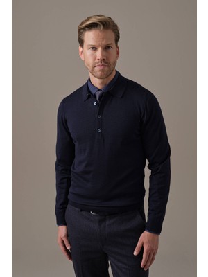 Extrafine Merino Polo Yaka Lacivert Triko