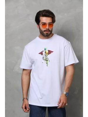 Ayessa Unisex Bisiklet Yaka Baskılı Oversize T-Shirt - Beyaz