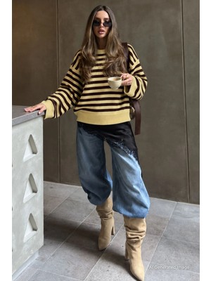 Madmext Sarı Çizgili Bisiklet Yaka Oversize Kadın Kazak MG2894