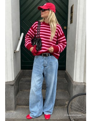 Madmext Kırmızı Çizgili Bisiklet Yaka Oversize Kadın Kazak MG2894