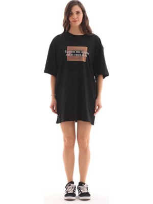 Ayessa Unisex Bisiklet Yaka Baskılı Oversize T-Shirt - Siyah