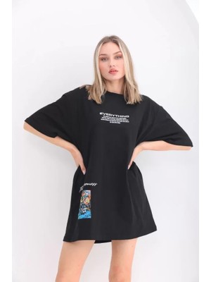 Ayessa Unisex Bisiklet Yaka Baskılı Oversize T-Shirt - Siyah